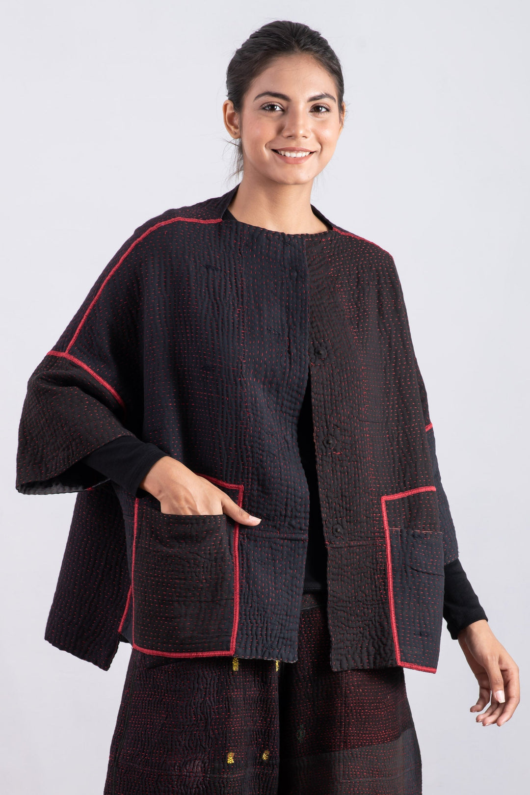 MONOTONE TWILIGHT PRINT KANTHA STRAIGHT NECK JKT - tp4058-red -