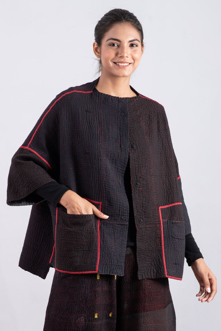 MONOTONE TWILIGHT PRINT KANTHA STRAIGHT NECK JKT - tp4058-red -