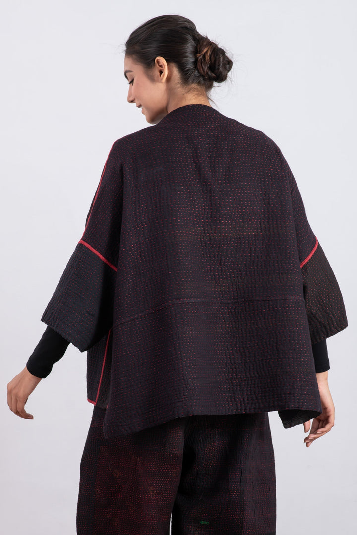 MONOTONE TWILIGHT PRINT KANTHA STRAIGHT NECK JKT - tp4058-red -