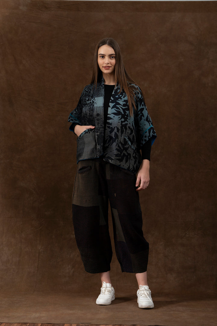 MONOTONE TWILIGHT PRINT KANTHA MINI PONCHO - tp4060-blu -