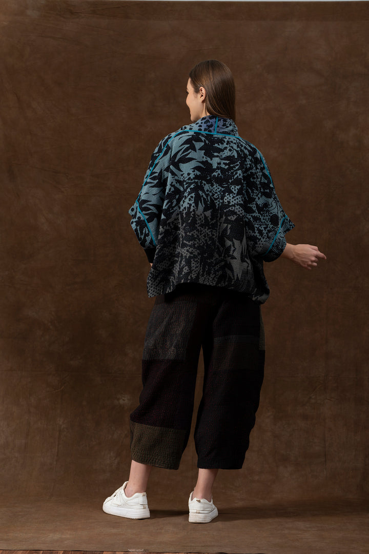 MONOTONE TWILIGHT PRINT KANTHA MINI PONCHO - tp4060-blu -