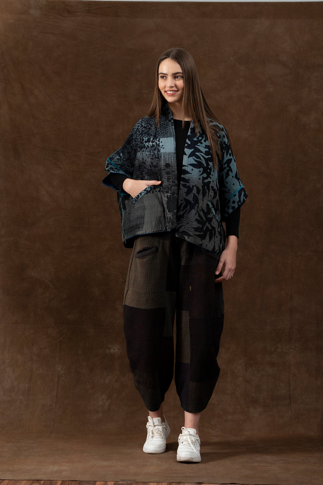 MONOTONE TWILIGHT PRINT KANTHA MINI PONCHO - tp4060-blu -