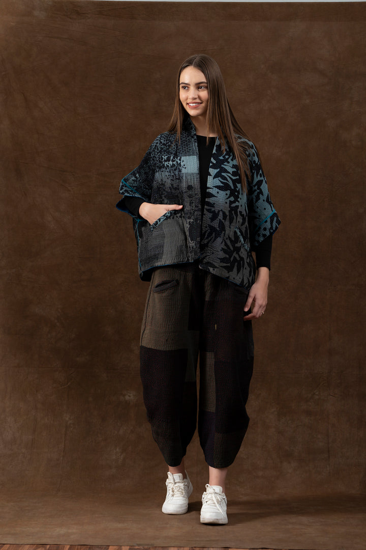 MONOTONE TWILIGHT PRINT KANTHA MINI PONCHO - tp4060-blu -