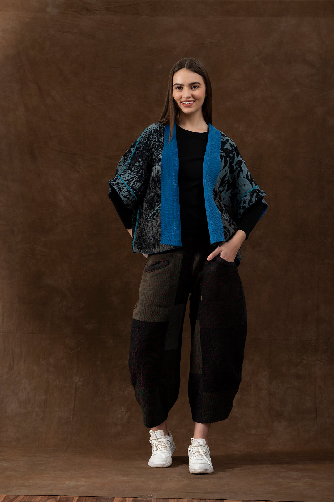MONOTONE TWILIGHT PRINT KANTHA MINI PONCHO - tp4060-blu -