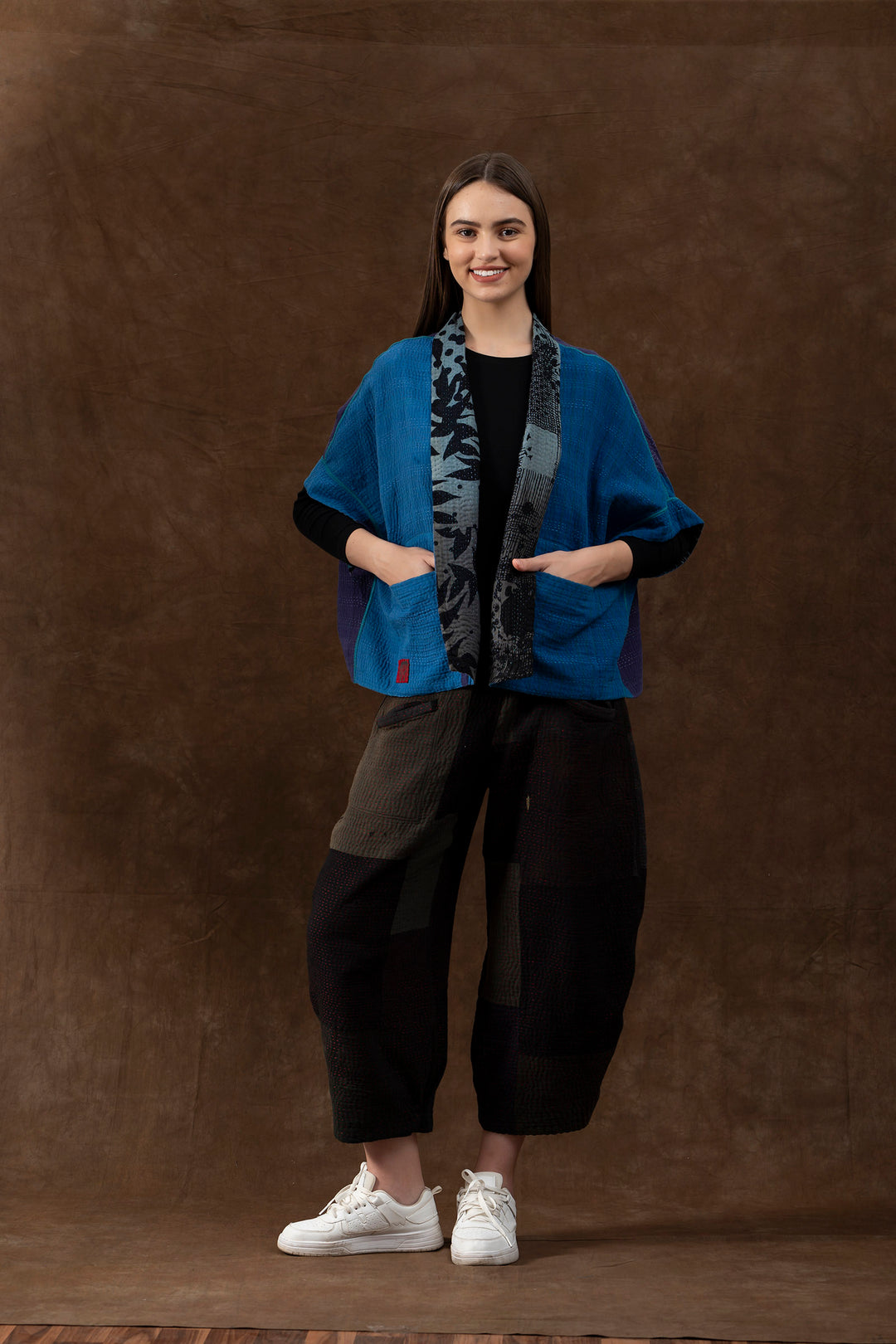 MONOTONE TWILIGHT PRINT KANTHA MINI PONCHO - tp4060-blu -