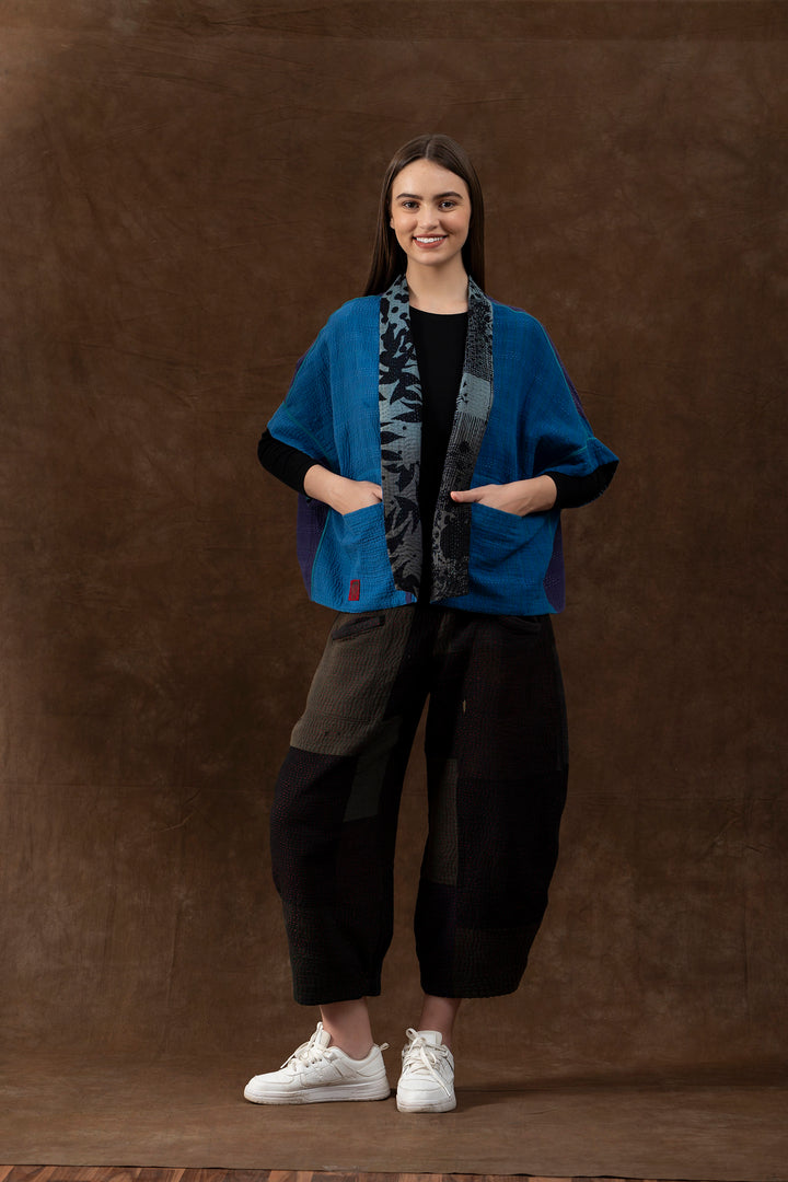 MONOTONE TWILIGHT PRINT KANTHA MINI PONCHO - tp4060-blu -