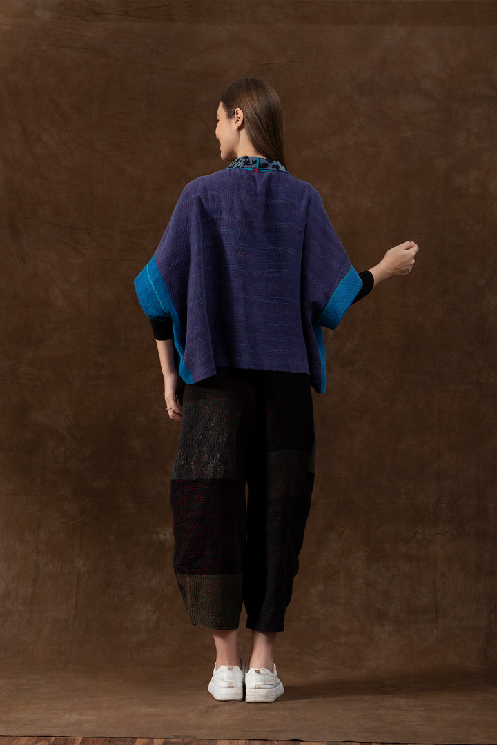 MONOTONE TWILIGHT PRINT KANTHA MINI PONCHO - tp4060-blu -