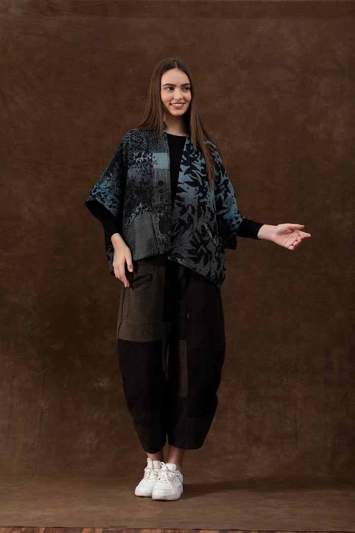 MONOTONE TWILIGHT PRINT KANTHA MINI PONCHO - tp4060-blu -