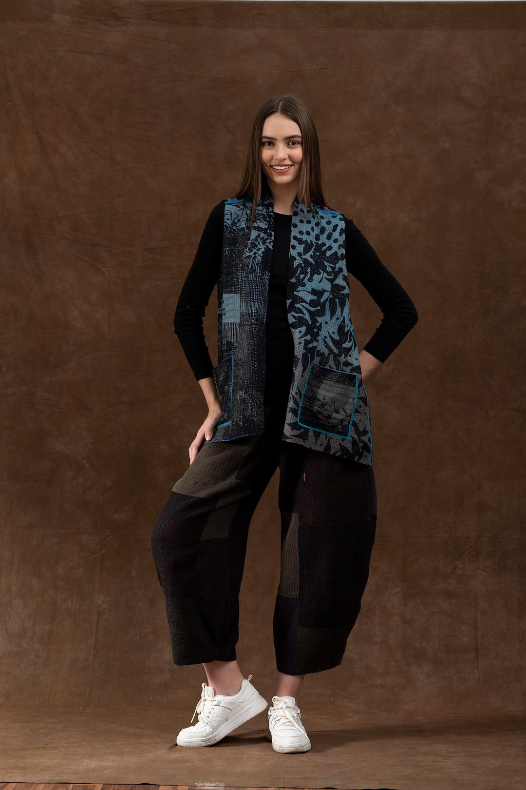 MONOTONE TWILIGHT PRINT KANTHA KIMONO VEST SHORT - tp4248-blu -