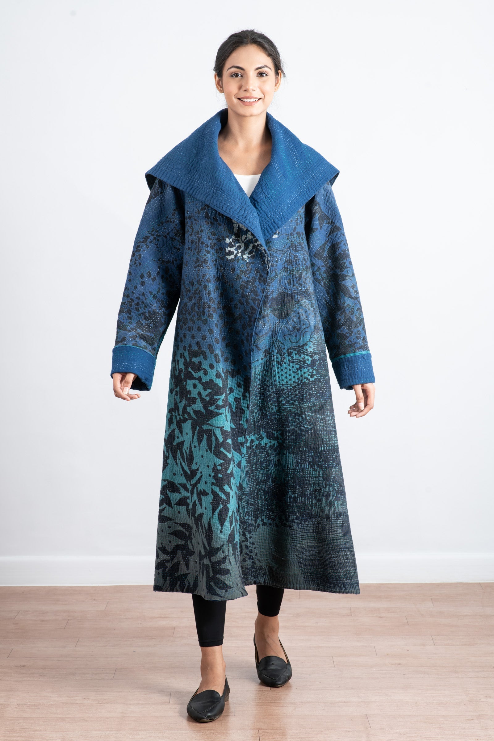 FACADE PATTERN ♥ Cotton Melange T-shirt /追跡付 MONOTONE TWILIGHT PRINT KANTHA FLARE LONG JKT - tp4021-blu
