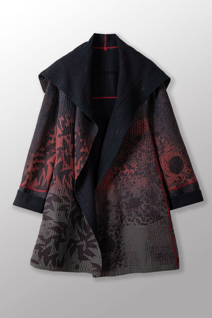 MONOTONE TWILIGHT PRINT KANTHA A-LINE COAT P - tp4336-red -