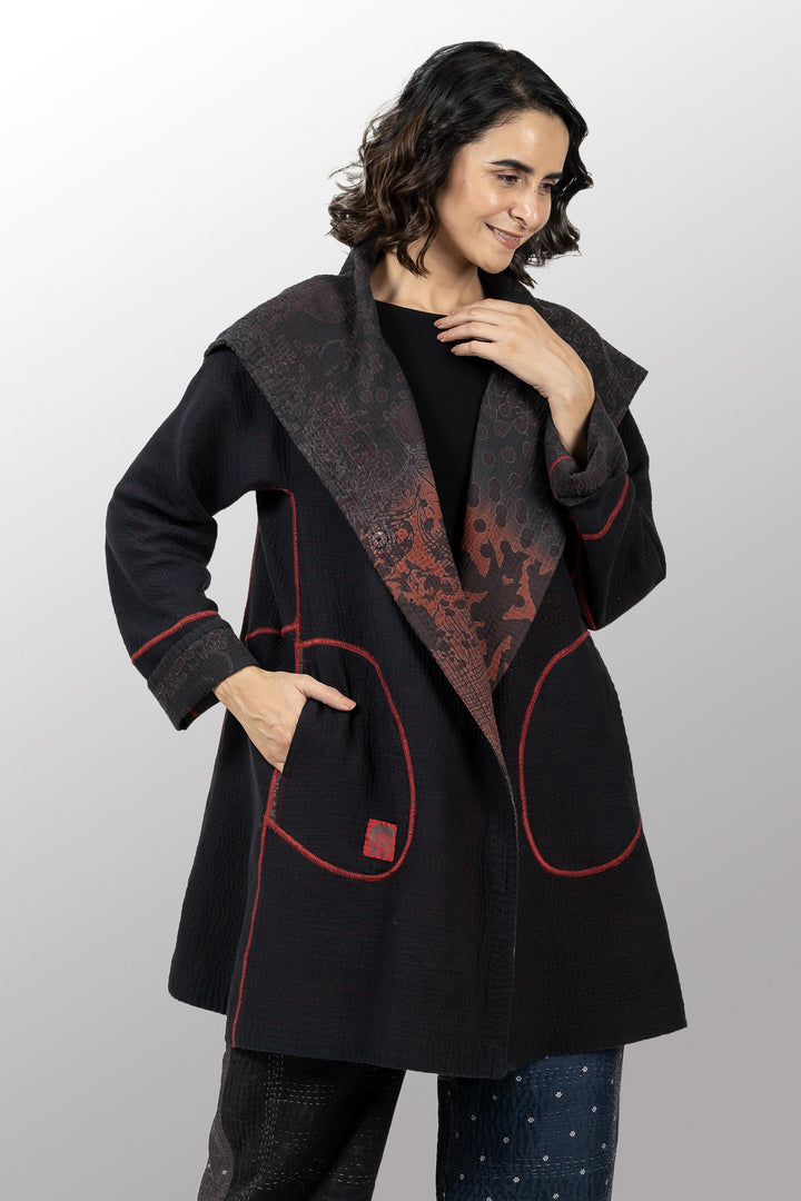 MONOTONE TWILIGHT PRINT KANTHA A-LINE COAT P - tp4336-red -