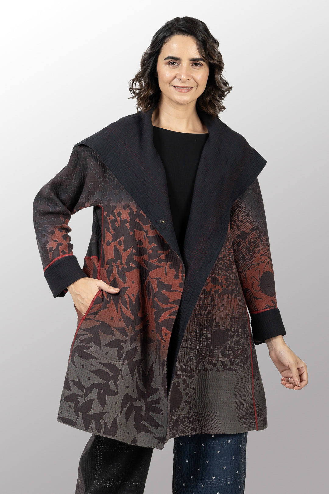 MONOTONE TWILIGHT PRINT KANTHA A-LINE COAT P - tp4336-red -