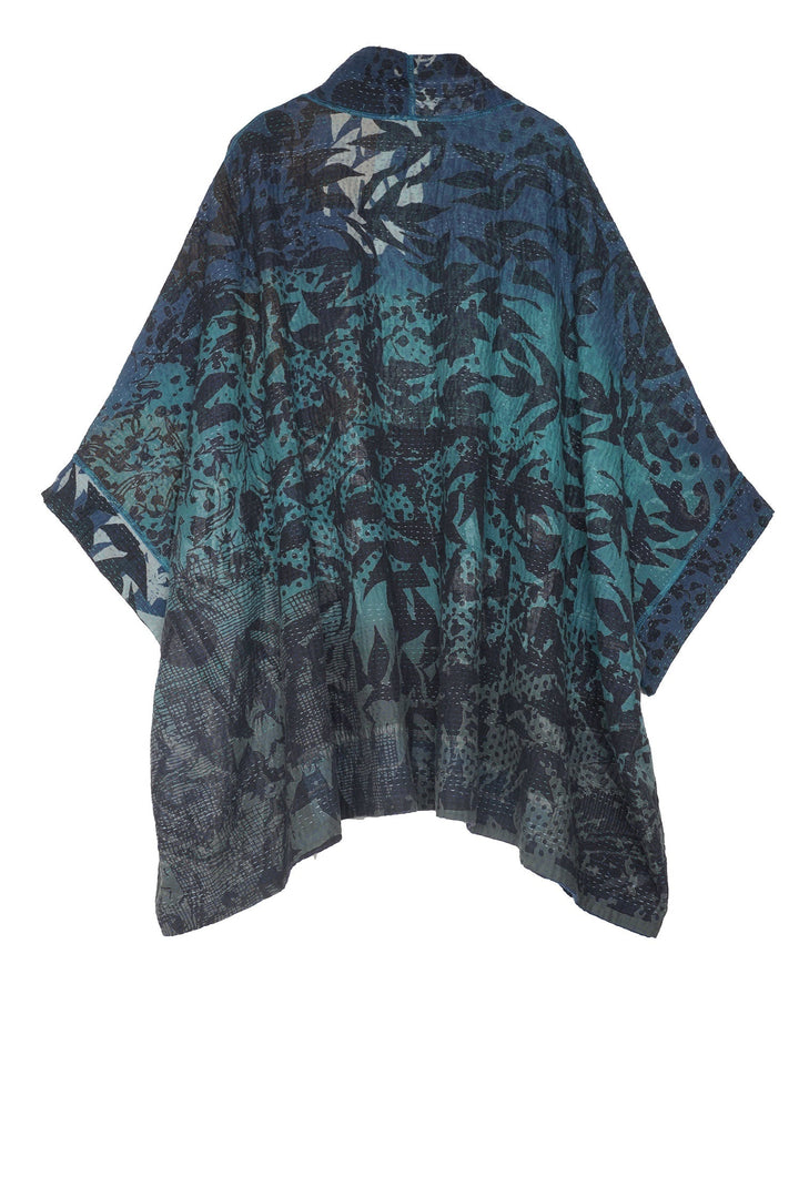 MONOTONE TWILIGHT PRINT KANTHA DOUBLE COLLAR PONCHO - tp4323-blu -