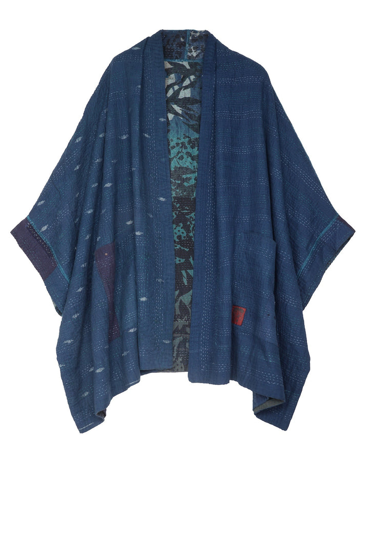 MONOTONE TWILIGHT PRINT KANTHA DOUBLE COLLAR PONCHO - tp4323-blu -