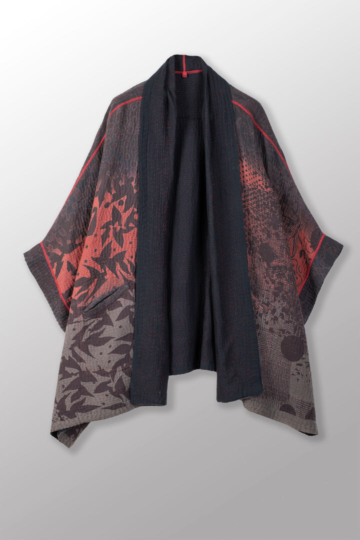 MONOTONE TWILIGHT PRINT KANTHA DOUBLE COLLAR PONCHO - tp4323-red -