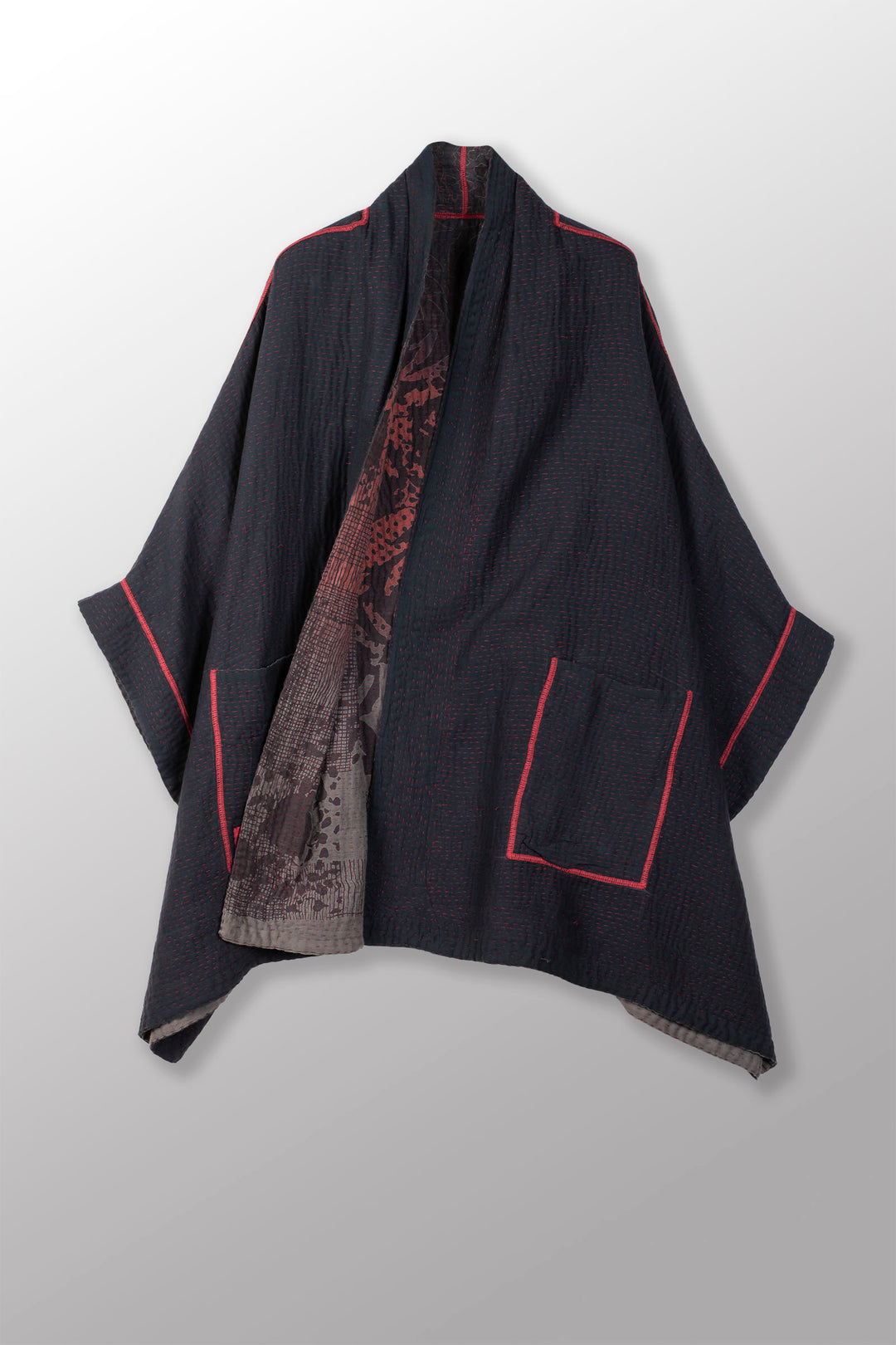 MONOTONE TWILIGHT PRINT KANTHA DOUBLE COLLAR PONCHO - tp4323-red -