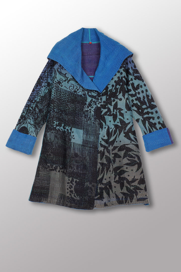 MONOTONE TWILIGHT PRINT KANTHA A-LINE COAT P - tp4336-cblua -