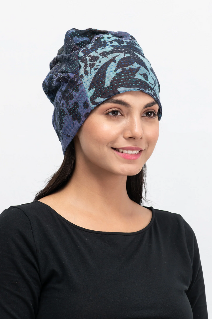 MONOTONE TWILIGHT PRINT KANTHA PATCHWORK HAT - tp4880-blu -