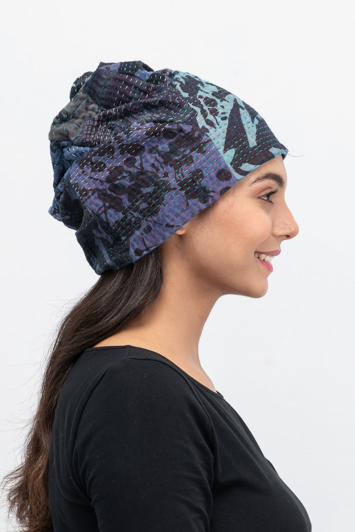 MONOTONE TWILIGHT PRINT KANTHA PATCHWORK HAT - tp4880-blu -