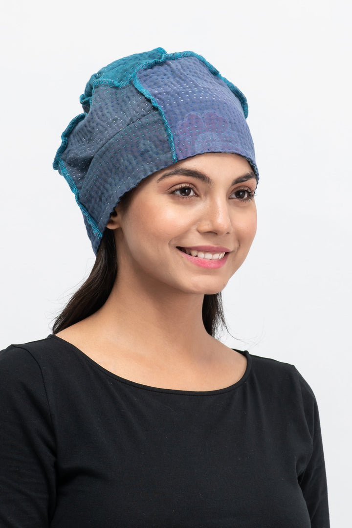 MONOTONE TWILIGHT PRINT KANTHA PATCHWORK HAT - tp4880-blu -