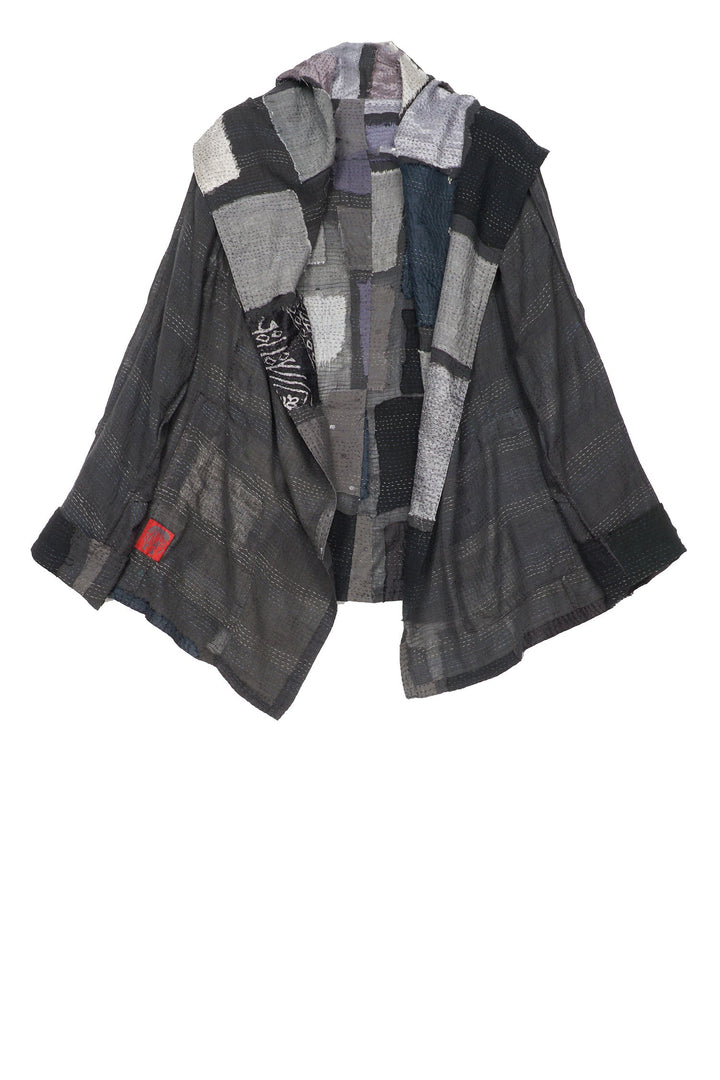 TONAL TILE PATCH KANTHA HOODED JKT - tt2042-gry -