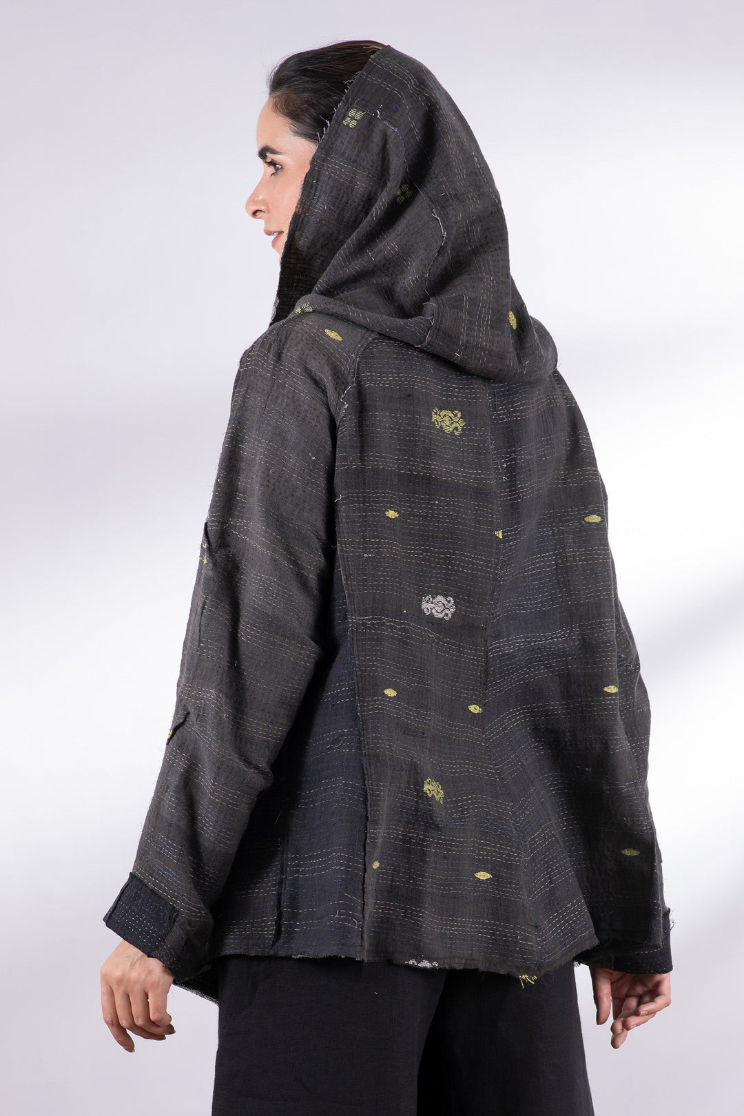 TONAL TILE PATCH KANTHA HOODED JKT - tt2042-gry -