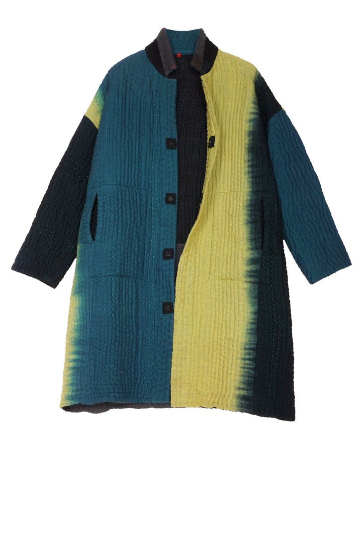 TEAL OMBRE AND PATCH KANTHA OVERSIZED MEDIUM COAT - up6331-blk -