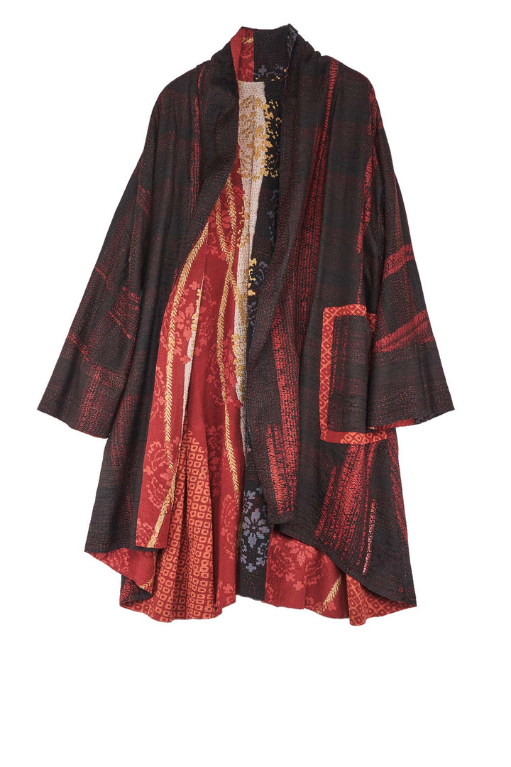 KIMONO PRINT KANTHA KIMONO LONG JKT - kp2005-red -