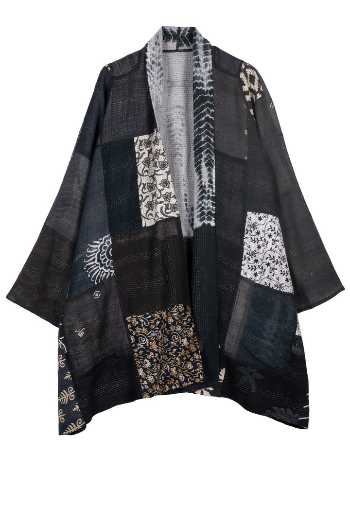 VINTAGE BOTTOM PRINT KANTHA A-LINE JKT - vb2003-blk -