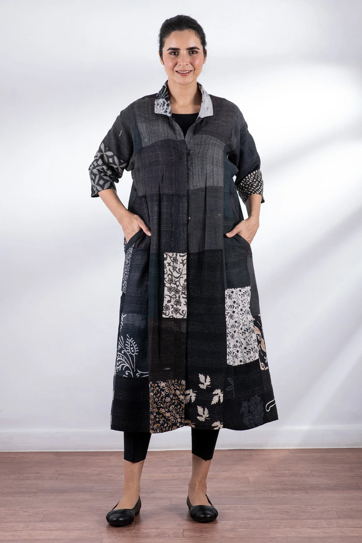 VINTAGE BOTTOM PRINT KANTHA SIDE PLEATED DRESS - vb2435-blk -