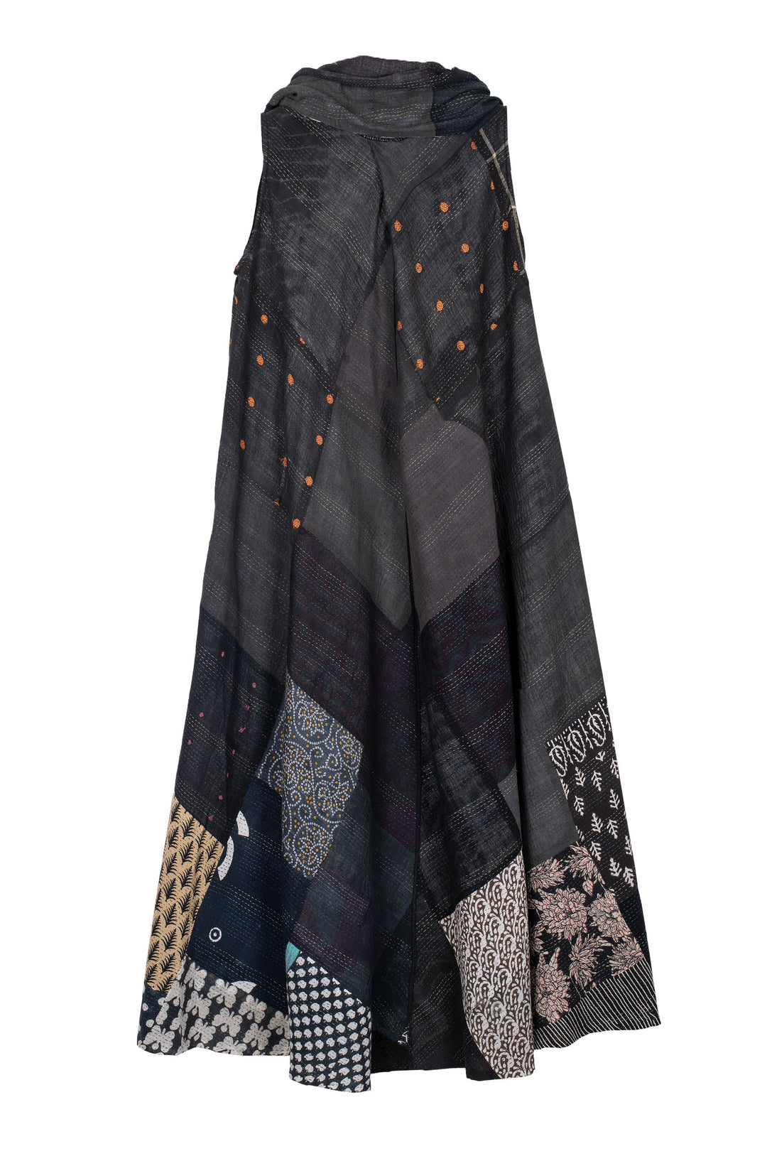 VINTAGE BOTTOM PRINT KANTHA COWL NECK MAXI DRESS - vb2438-blk -