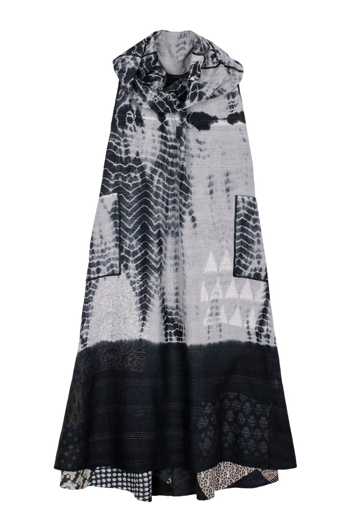 VINTAGE BOTTOM PRINT KANTHA COWL NECK MAXI DRESS - vb2438-blk -