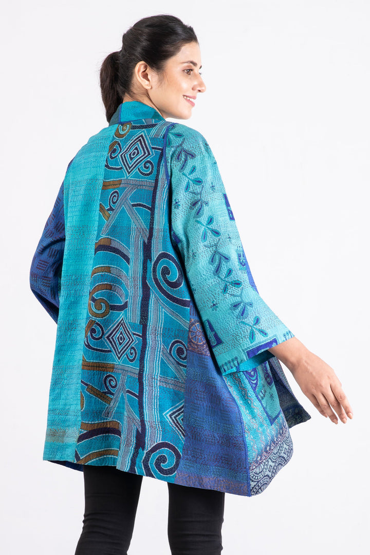 VINTAGE SILK PATCH KANTHA A-LINE JKT - vp2003-blu -