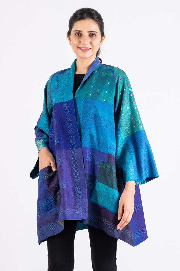 VINTAGE SILK PATCH KANTHA A-LINE JKT - vp2003-blu -