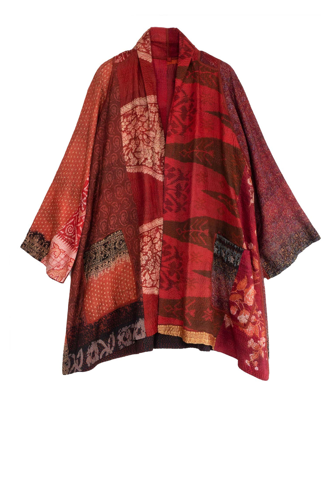 VINTAGE SILK PATCH KANTHA A-LINE JKT - vp2003-red -