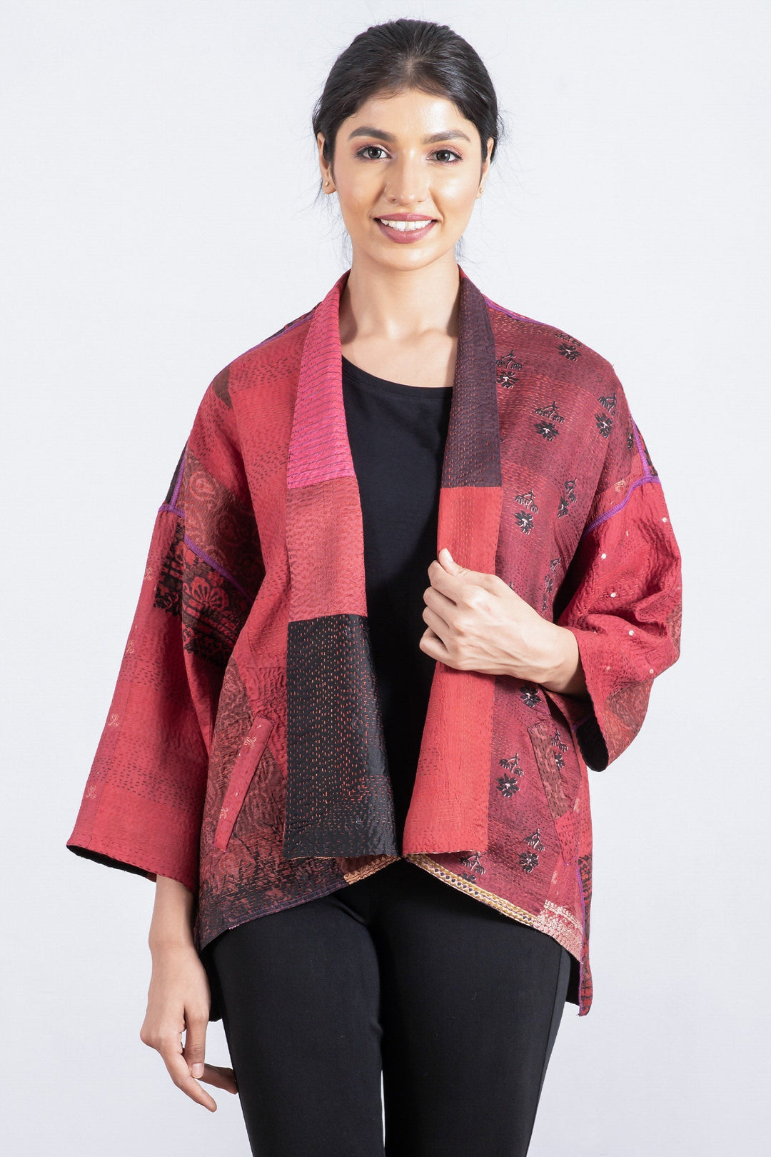 VINTAGE SILK PATCH KANTHA MINI KIMONO JKT - vp2055-red -