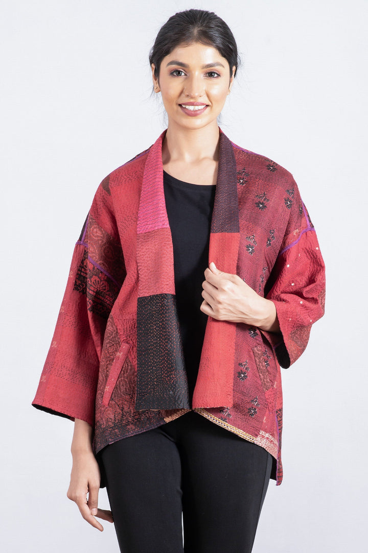 VINTAGE SILK PATCH KANTHA MINI KIMONO JKT - vp2055-red -