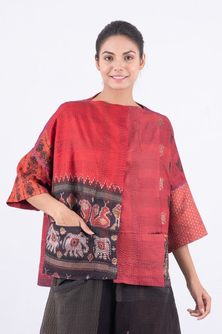 VINTAGE SILK PATCH KANTHA STRAIGHT NECK JACKET - vp2058-red -