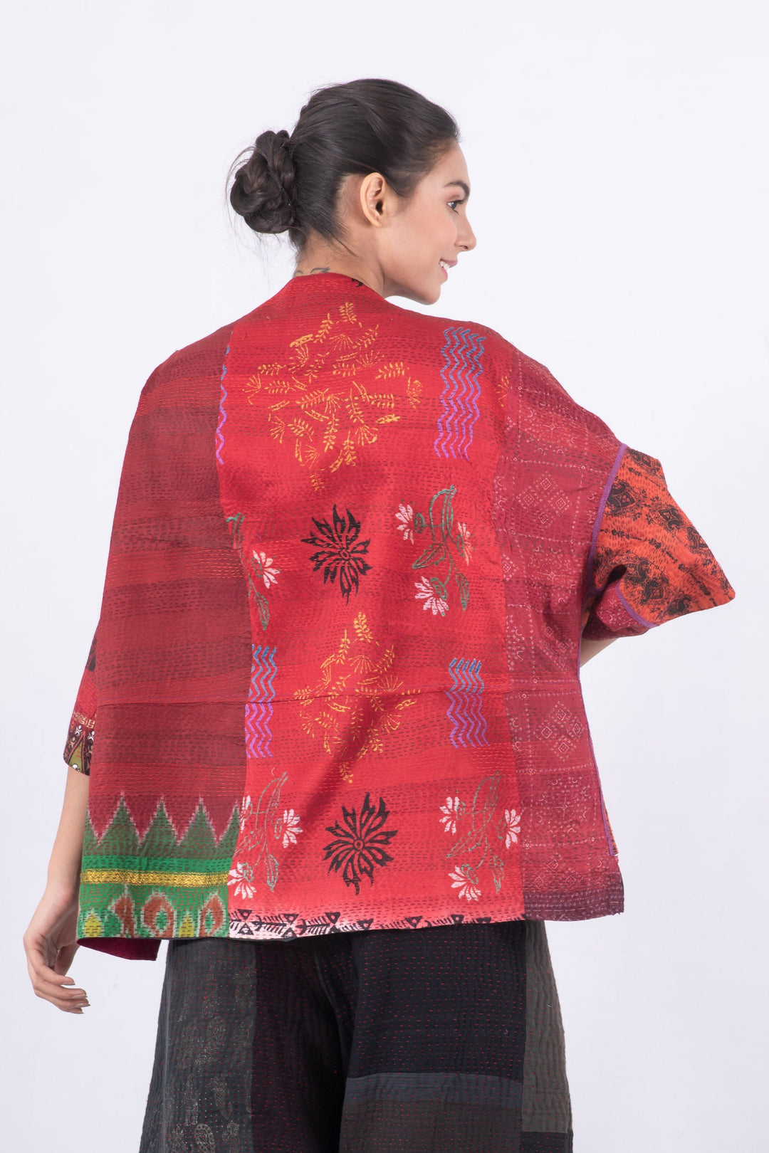 VINTAGE SILK PATCH KANTHA STRAIGHT NECK JACKET - vp2058-red -
