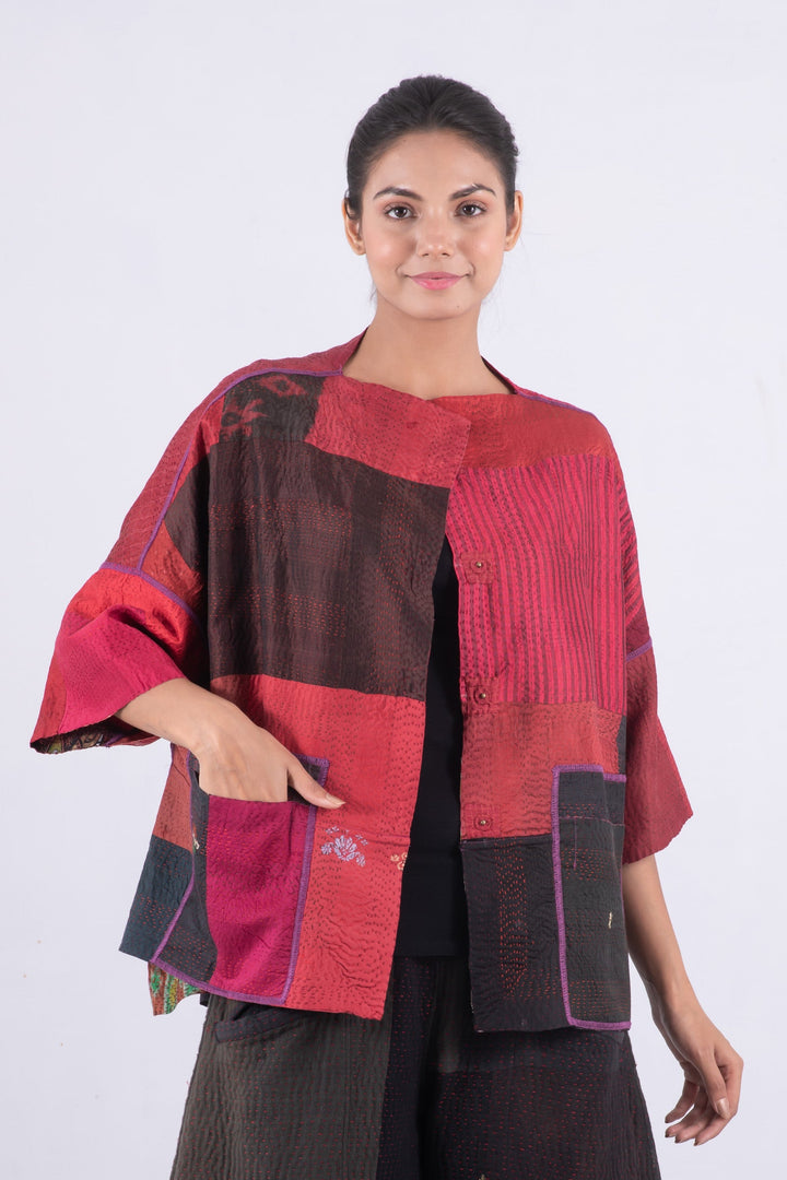 VINTAGE SILK PATCH KANTHA STRAIGHT NECK JACKET - vp2058-red -