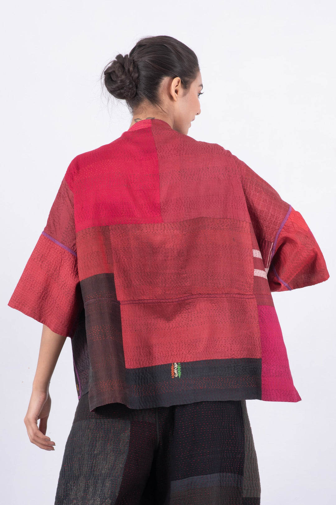 VINTAGE SILK PATCH KANTHA STRAIGHT NECK JACKET - vp2058-red -