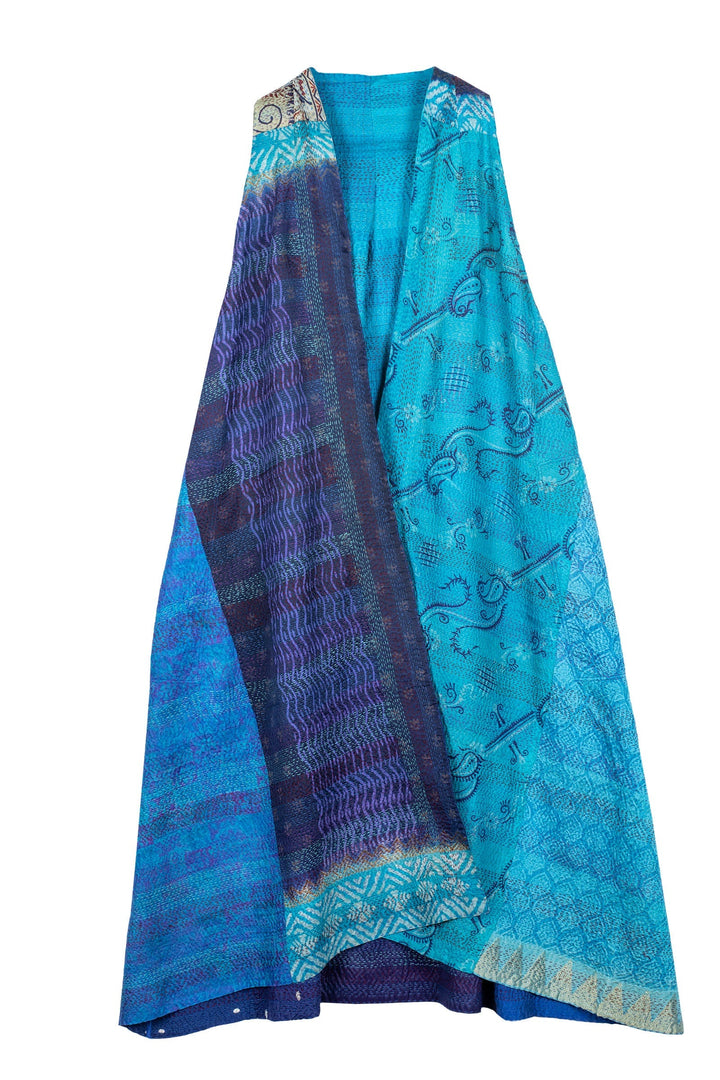 VINTAGE SILK PATCH KANTHA  BACK PLEATED VEST MAXI - vp2222-blu -