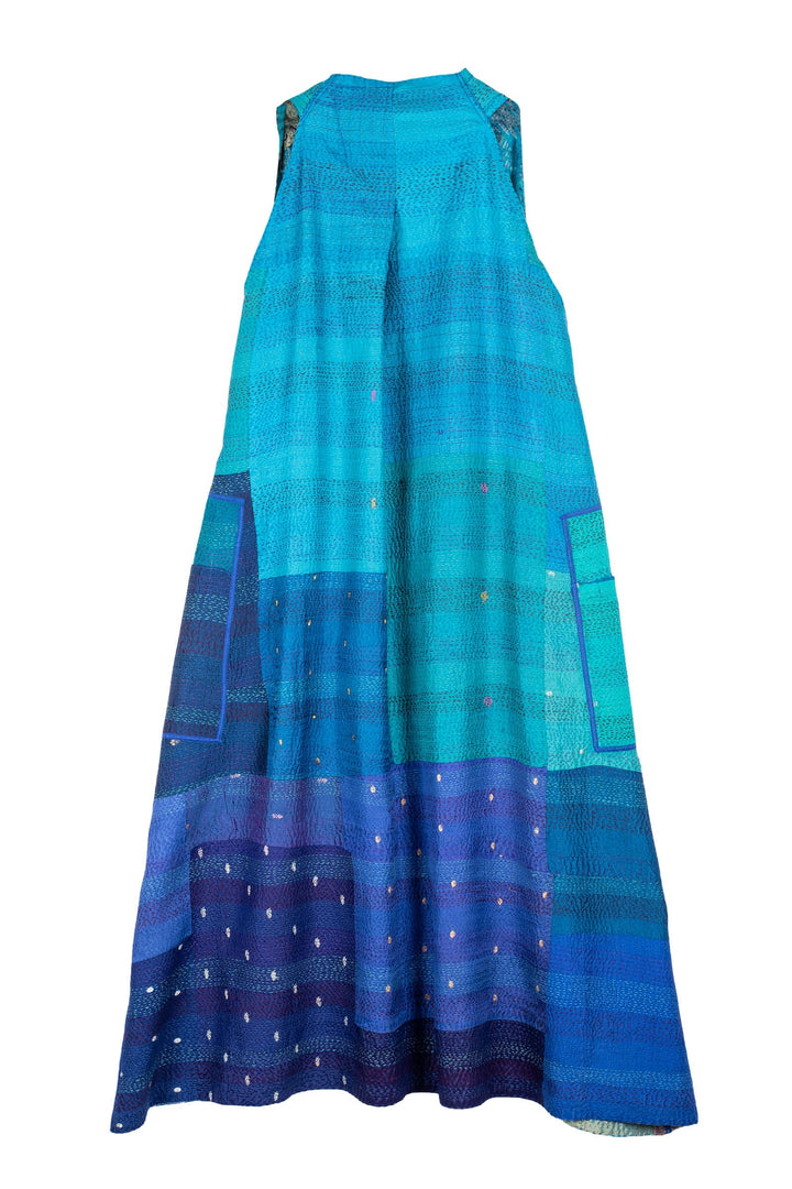 VINTAGE SILK PATCH KANTHA  BACK PLEATED VEST MAXI - vp2222-blu -