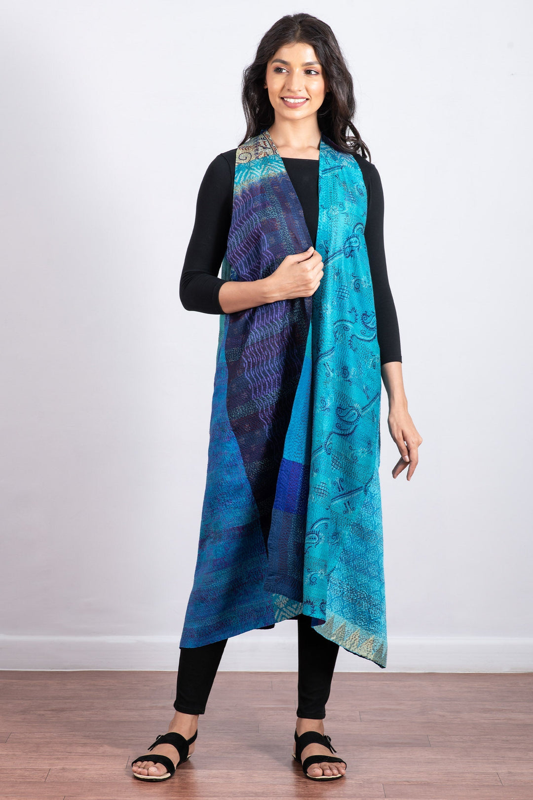 VINTAGE SILK PATCH KANTHA  BACK PLEATED VEST MAXI - vp2222-blu -