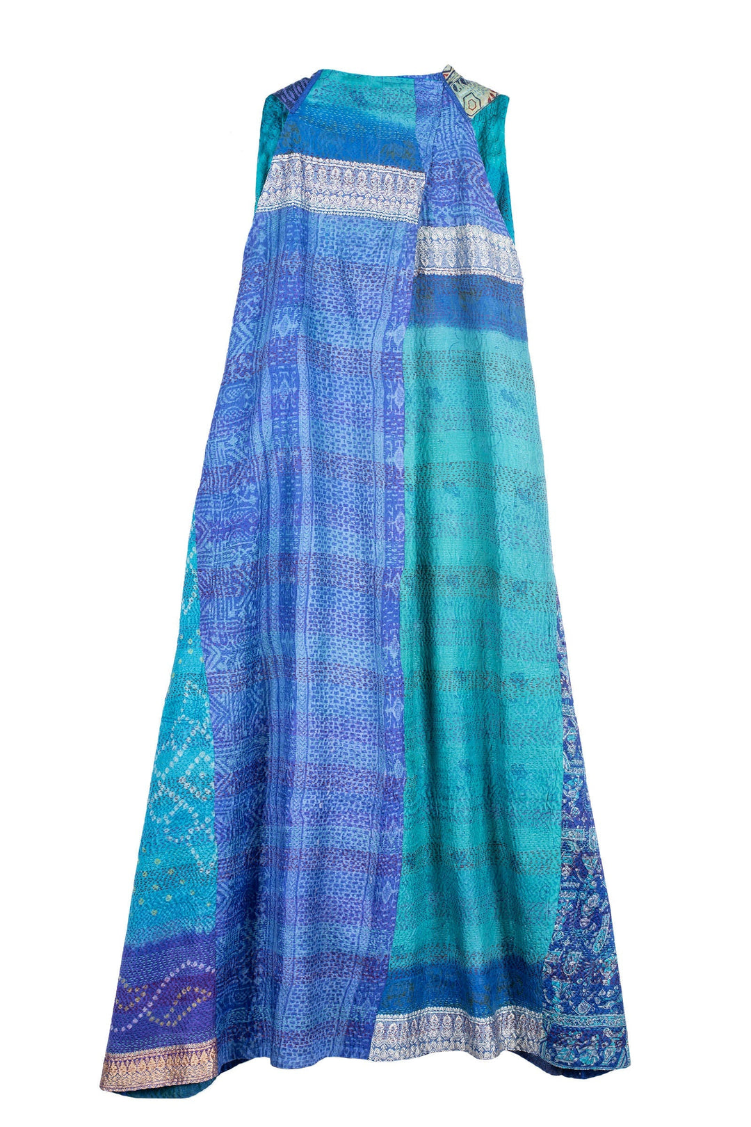 VINTAGE SILK PATCH KANTHA  BACK PLEATED VEST MAXI - vp2222-blu -