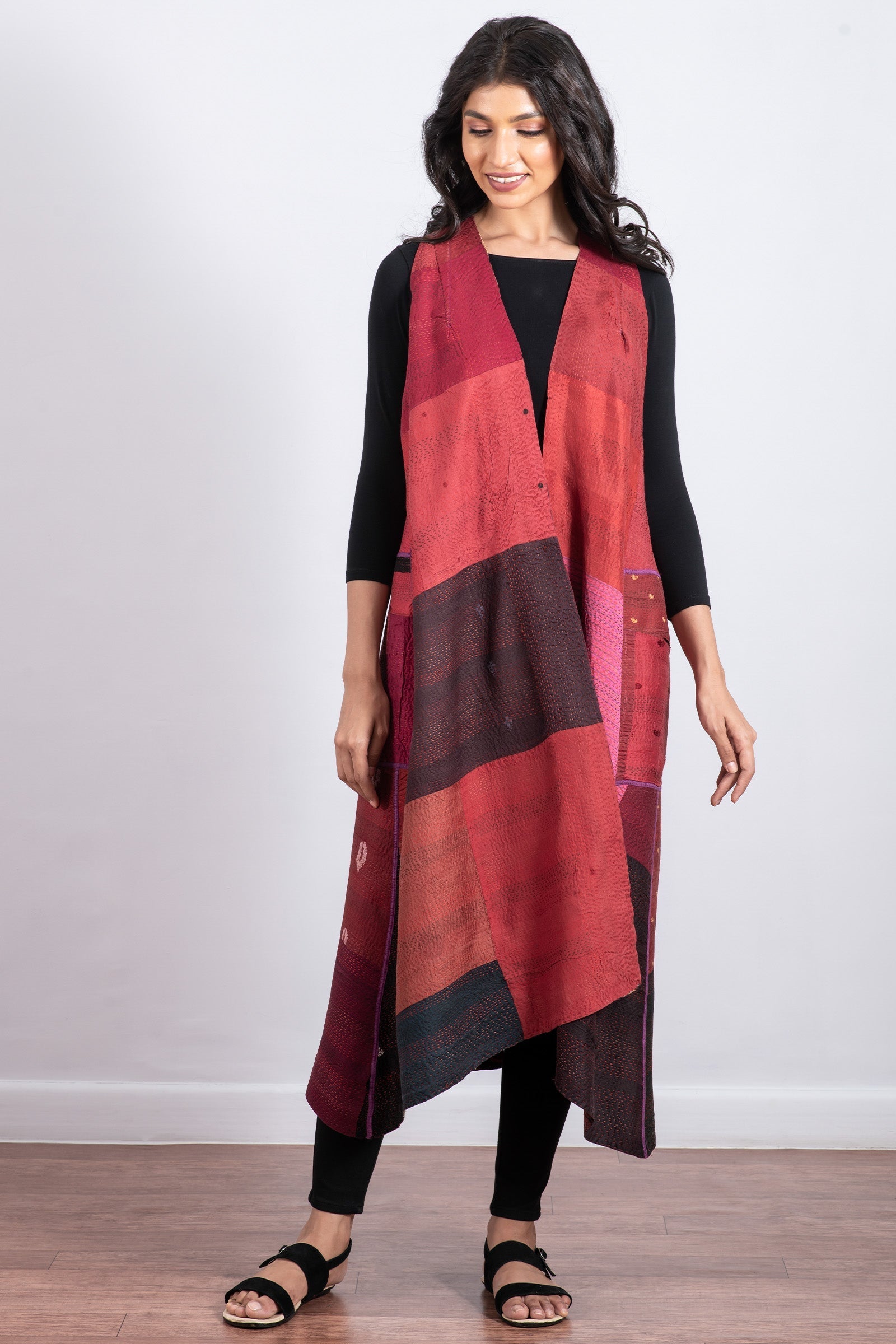 VINTAGE SILK PATCH KANTHA BACK PLEATED VEST MAXI - vp2222