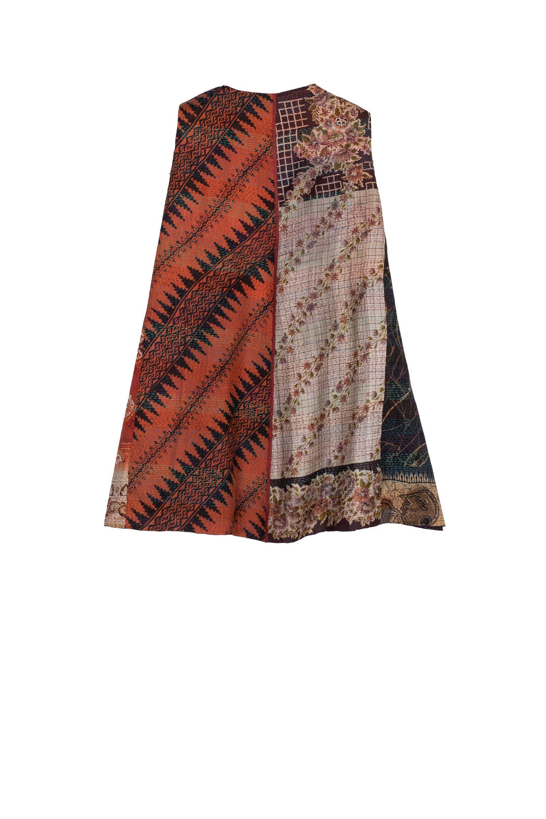 VINTAGE SILK PATCH KANTHA BELL SHAPE LONG VEST - vp2225-brn -