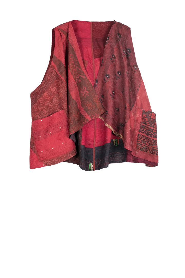 VINTAGE SILK PATCH KANTHA CIRCLE VEST - vp2226-red -