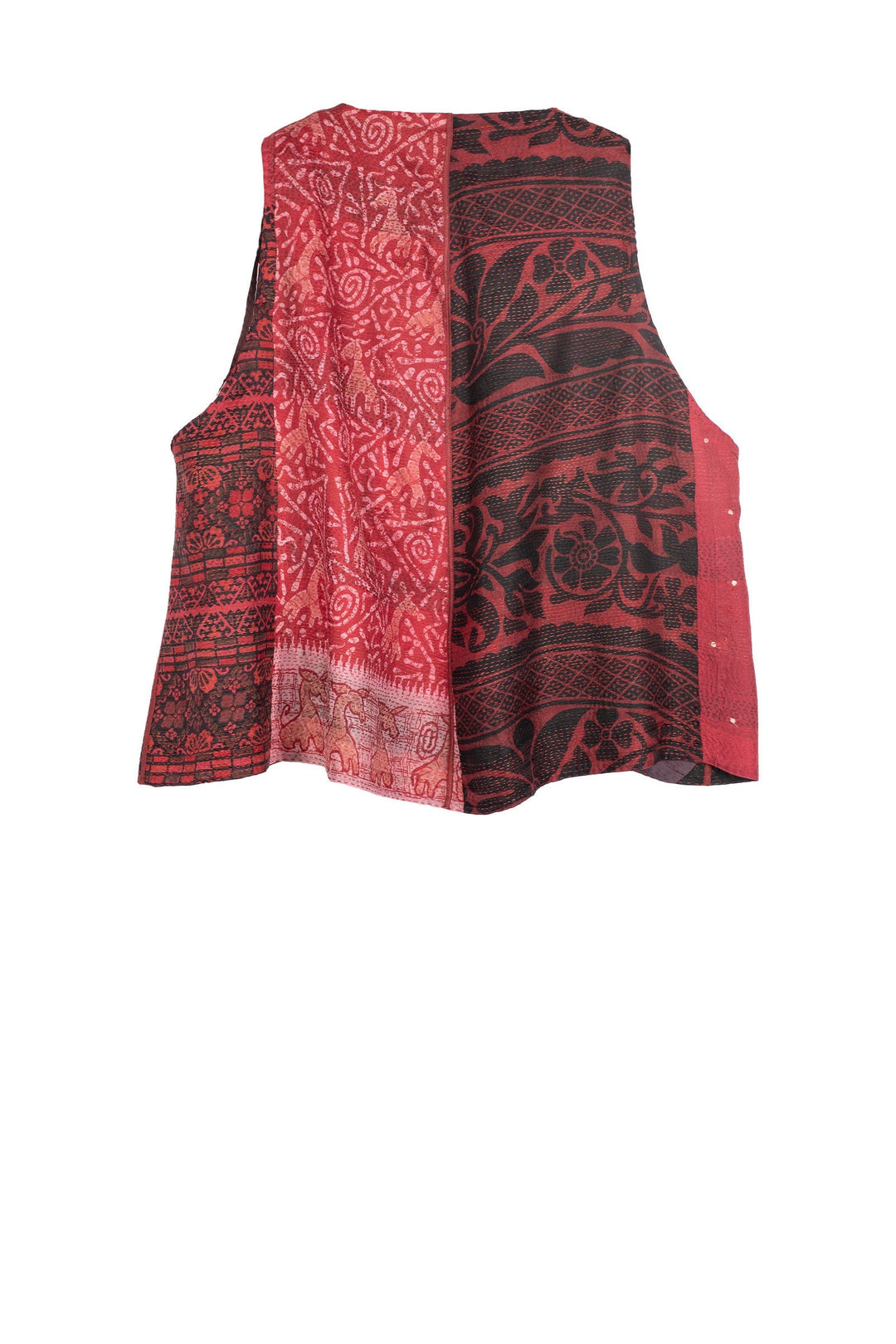 VINTAGE SILK PATCH KANTHA CIRCLE VEST - vp2226-red -